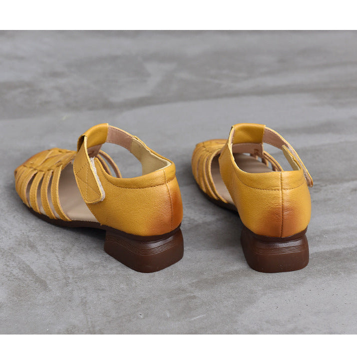Women's Leather Fisherman Sandals - Closed Toe Woven Strappy Gladiator Sandals Low Block Heel