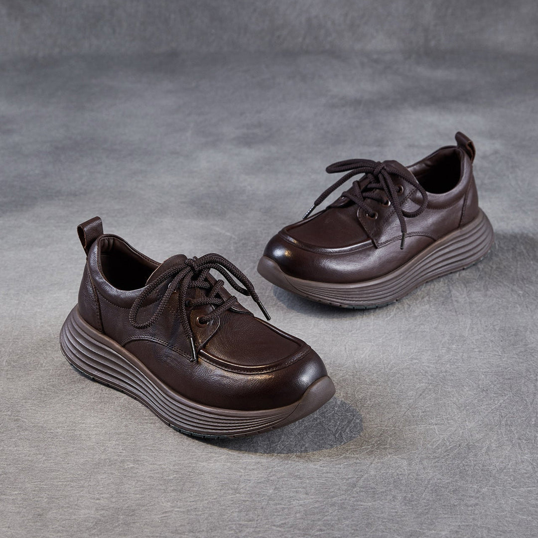Women’s Leather Lace-Up Platform Wedge Shoes – Retro Non-Slip Casual Style
