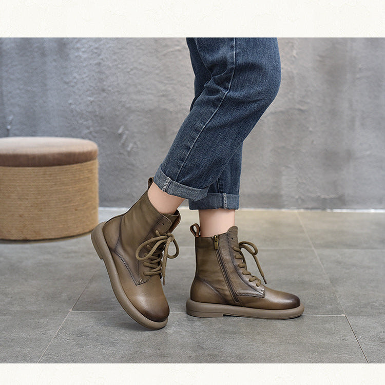 Women's Genuine Leather Casual Boots – Lace-Up & Zipper Design