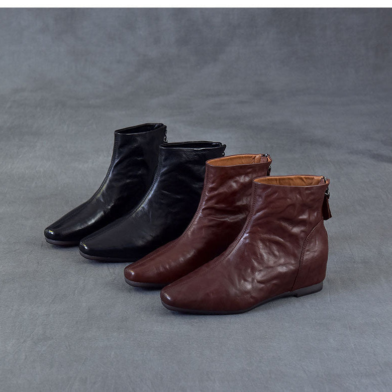 Women's Pointed Toe Top-Grain Leather Wedge Ankle Boots Mid Heel Back Zipper Booties