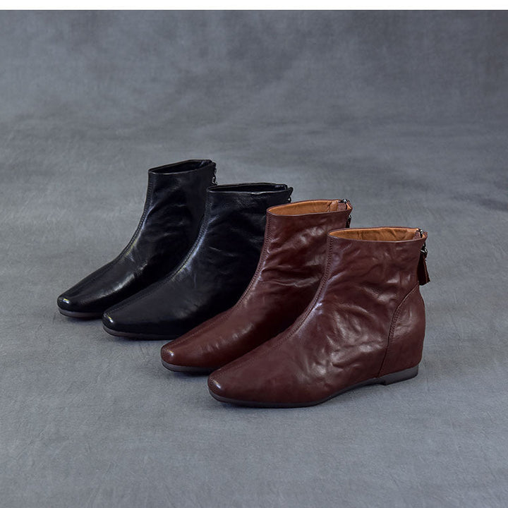 Women's Pointed Toe Top-Grain Leather Wedge Ankle Boots Mid Heel Back Zipper Booties