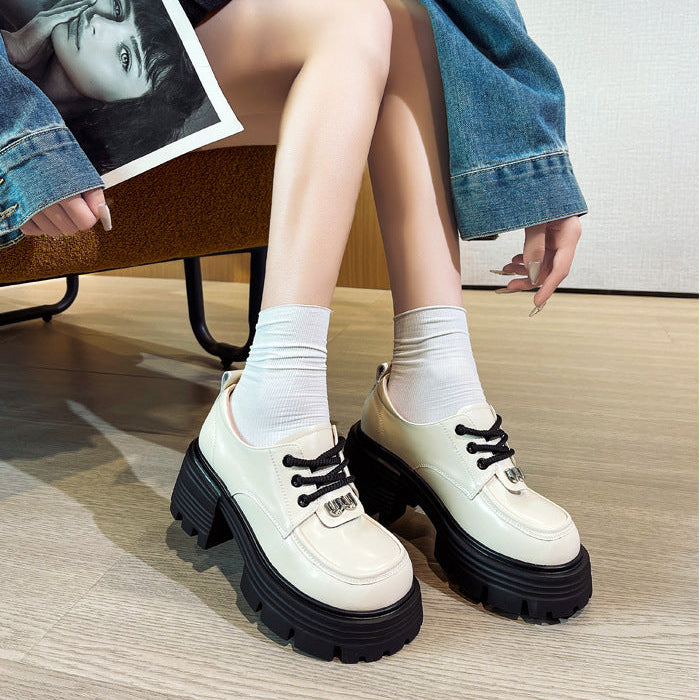 Women's Leather Platform Oxfords - Gothic Lug Sole 7cm Block Chunky High Heel  Lace-Up Shoes