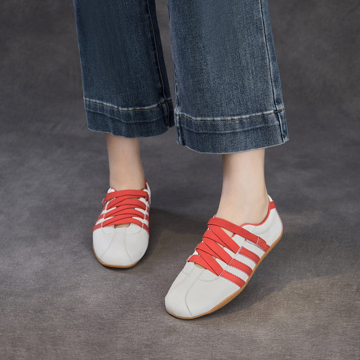 Women's Retro Cowhide Sneakers Vintage Round Toe Strappy Velcro Driving Flats