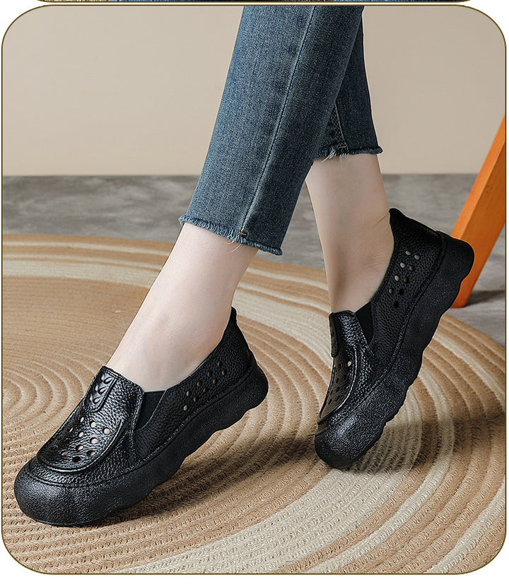 Women's Flats Vintage Hollow-Out Walking Shoes Leather Summer Loafers Retro Slip-On Platform Shoes