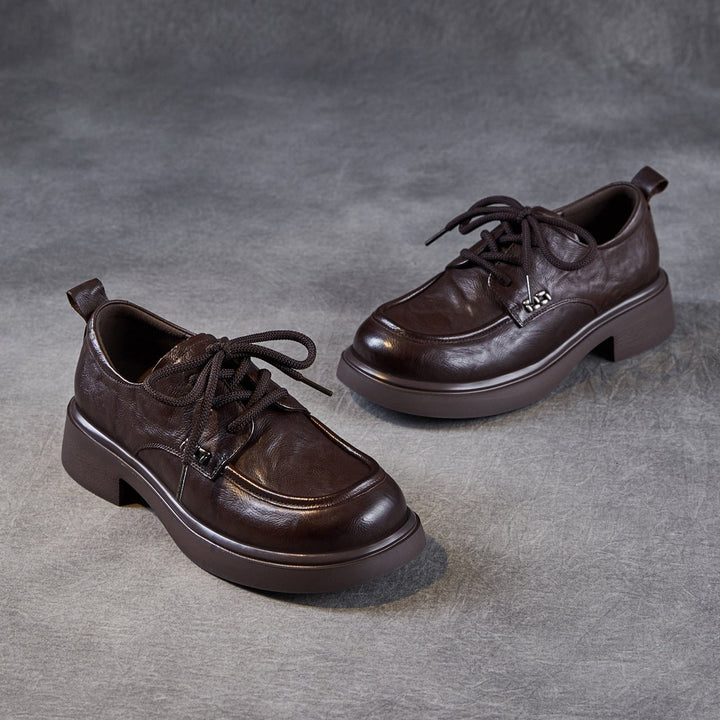 Women’s Leather Round Toe Lace-Up Loafers – Textured Luxury Style