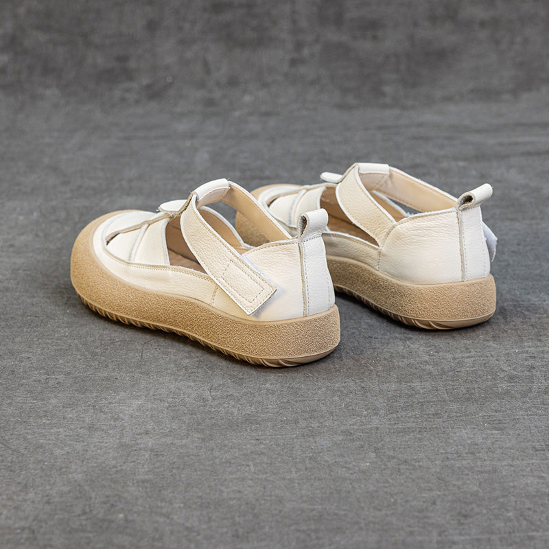 Womens Retro Woven Leather Fisherman Sandals Velcro Closed Toe Platform Walking Shoes