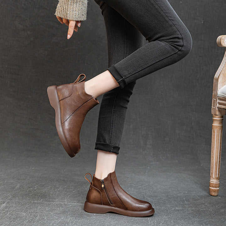 Women's Comfortable Leather Ankle Boots – Low Heel with Side Zipper