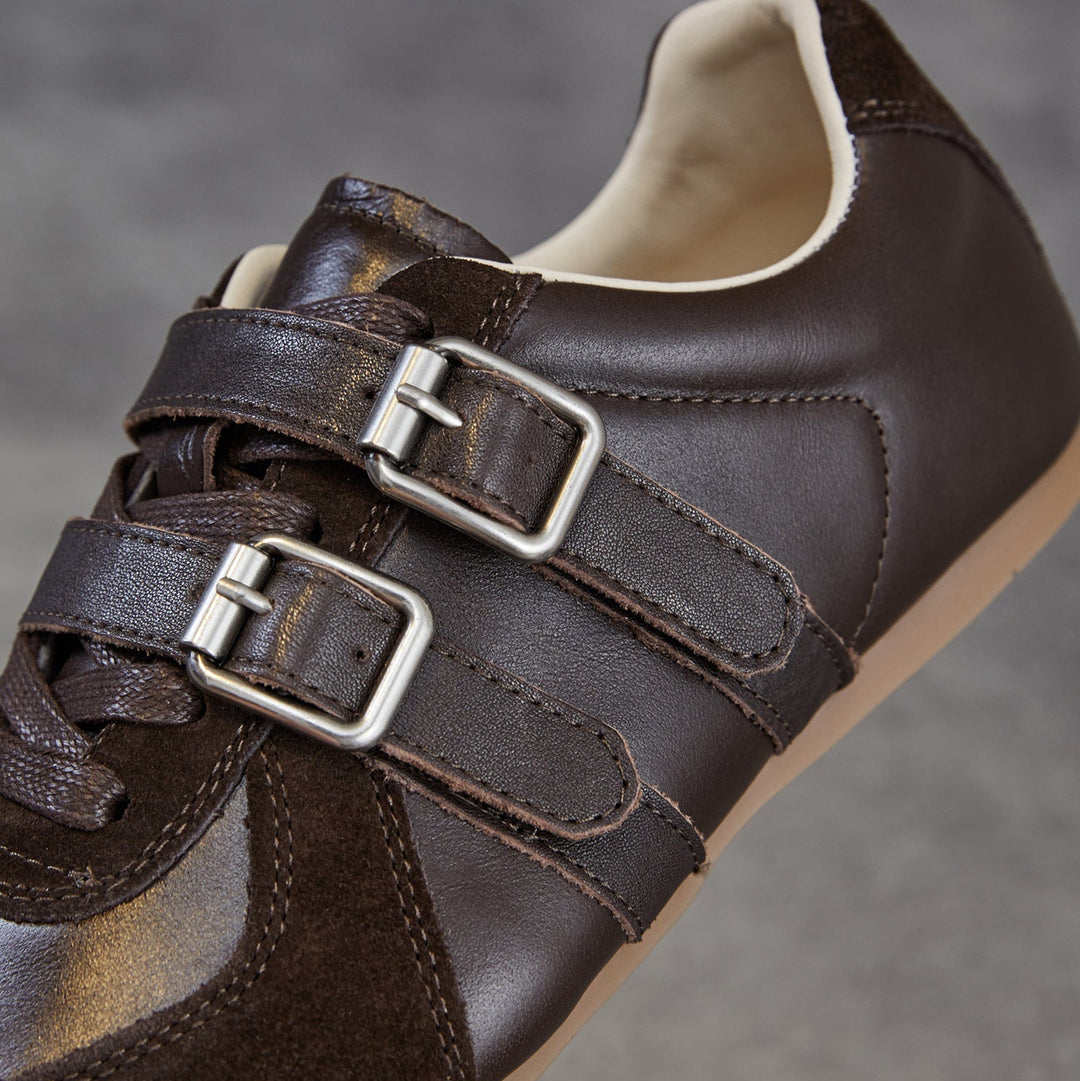 Women's Genuine Leather Double Buckle Strap Sneakers Retro Slip-on Flat Shoes