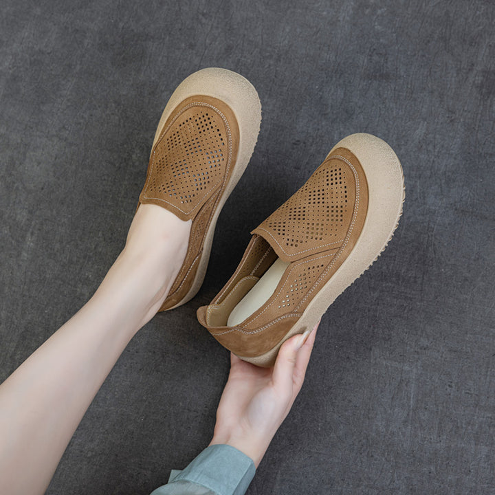 Womens Summer Perforated Leather Slip-on Loafers Breathable Platform Casual Walking Shoes