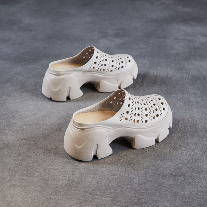 Women's Leather Platform Mules - Hollow Out Perforated Closed Round Toe Chunky Sandals Summer Slides