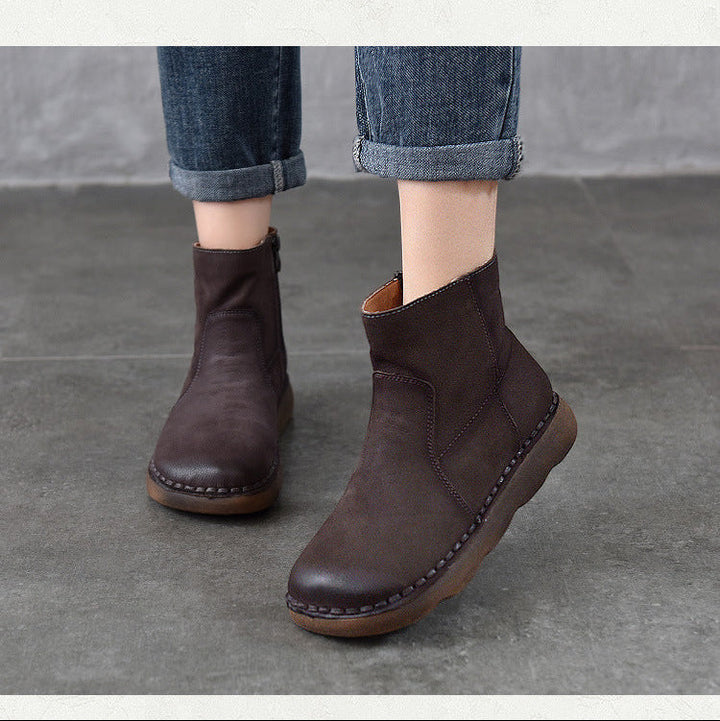 Women's Leather Zipper Ankle Boots – Comfortable Flat Casual Style