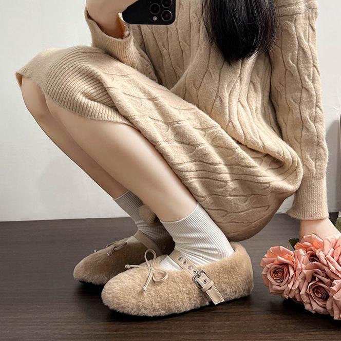 Faux-Fur Loafers Mary Jane Bowknot Inner Height Increase Women's Shoes for Winter