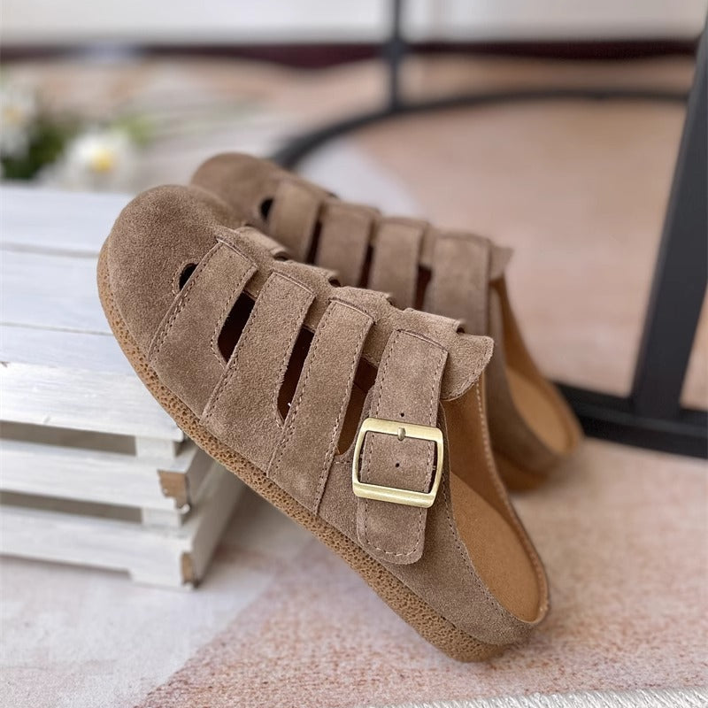 Women's Suede Round Toe Hollowed Out Casual Buckle Mule