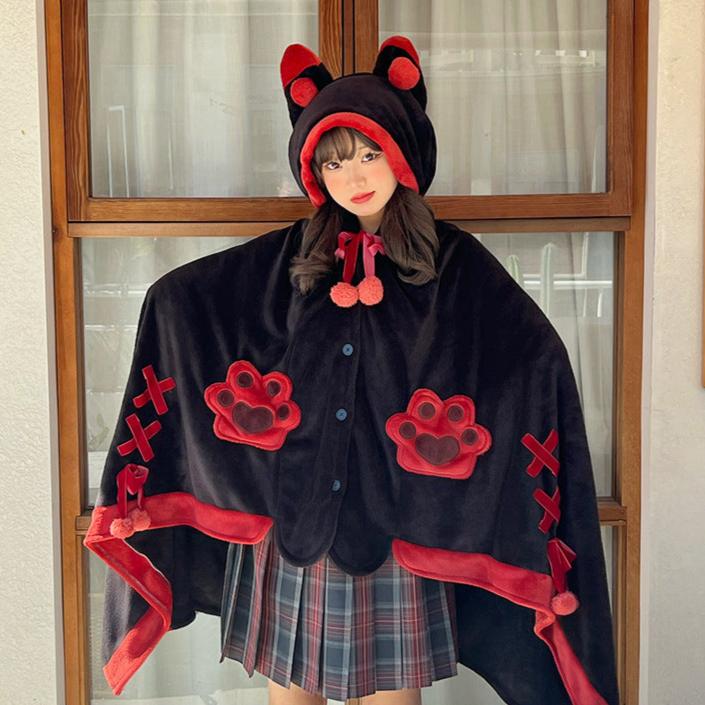 Japanese Kawaii Cartoon Fox Paw Plush Hooded Blanket