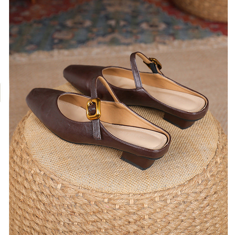 Women's Mary Jane Mules - Square Toe Gold Buckle Low Kitten Heel Slides