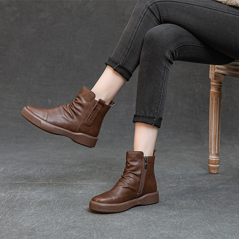 Comfortable Women's Flat Leather Boots – Casual Ruched Ankle Style