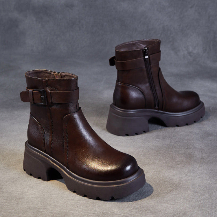 Women's Stylish Genuine Leather Platform Boots – Chunky Heel, Buckle & Side Zip