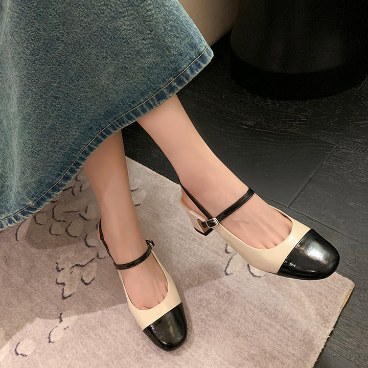 Women's Elegant French Patchwork Slip On Closed Toe Mid Heel Sandals