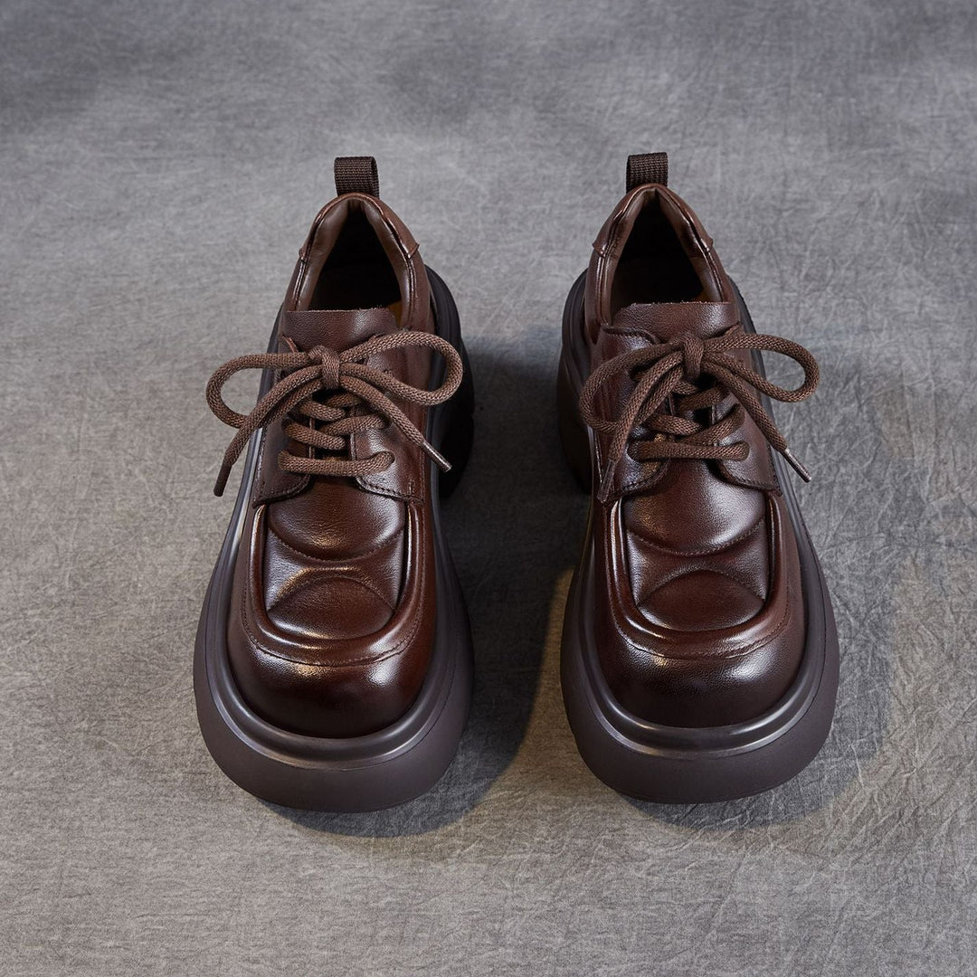 Women's Platform Genuine Leather Oxfords High Chunky Heel Lace Up Casual Shoes