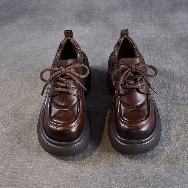 Women's Platform Genuine Leather Oxfords High Chunky Heel Lace Up Casual Shoes