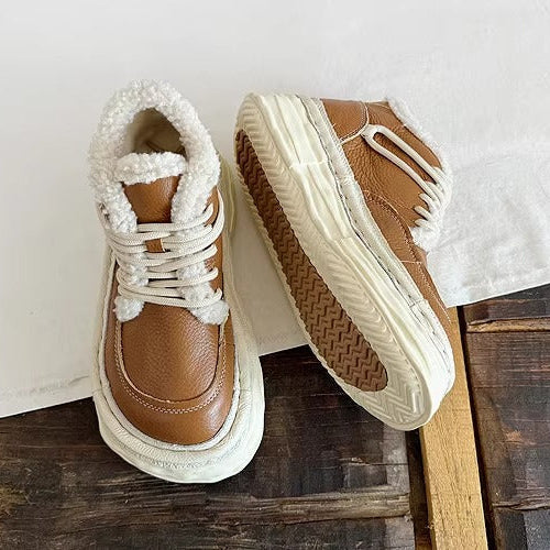 Women's Winter Chunky Leather Lace-Up Shoes – Fleece-Lined & Ugly-Cute Design