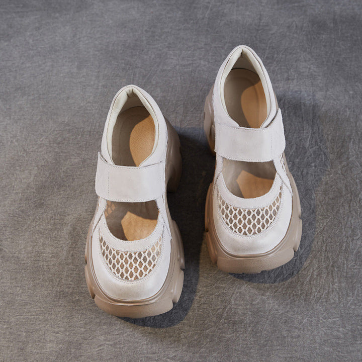 Women's Leather Platform Mary Janes - Mesh Hollow Out Breathable Closed Chunky Sole Sneakers with Velcro