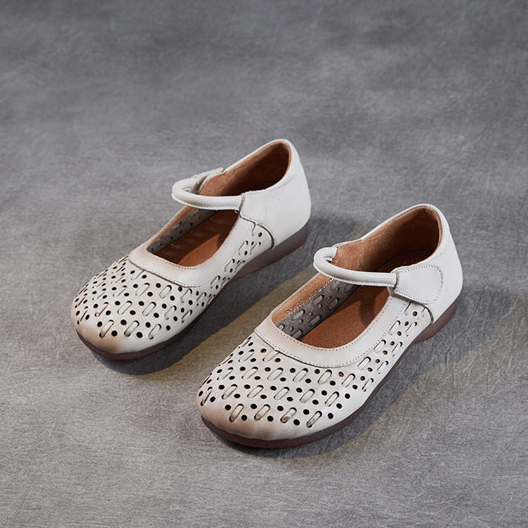 Women's Leather Mary Jane Sandals - Vintage Perforated Cut-Out Closed Round Toe Flat Shoes with Velcro