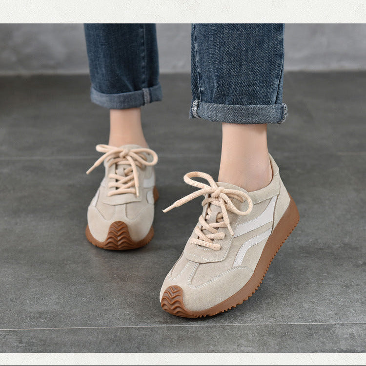 Women’s Spring Retro Leather Trainers – Soft Sole Lace-Up Casual Sneakers