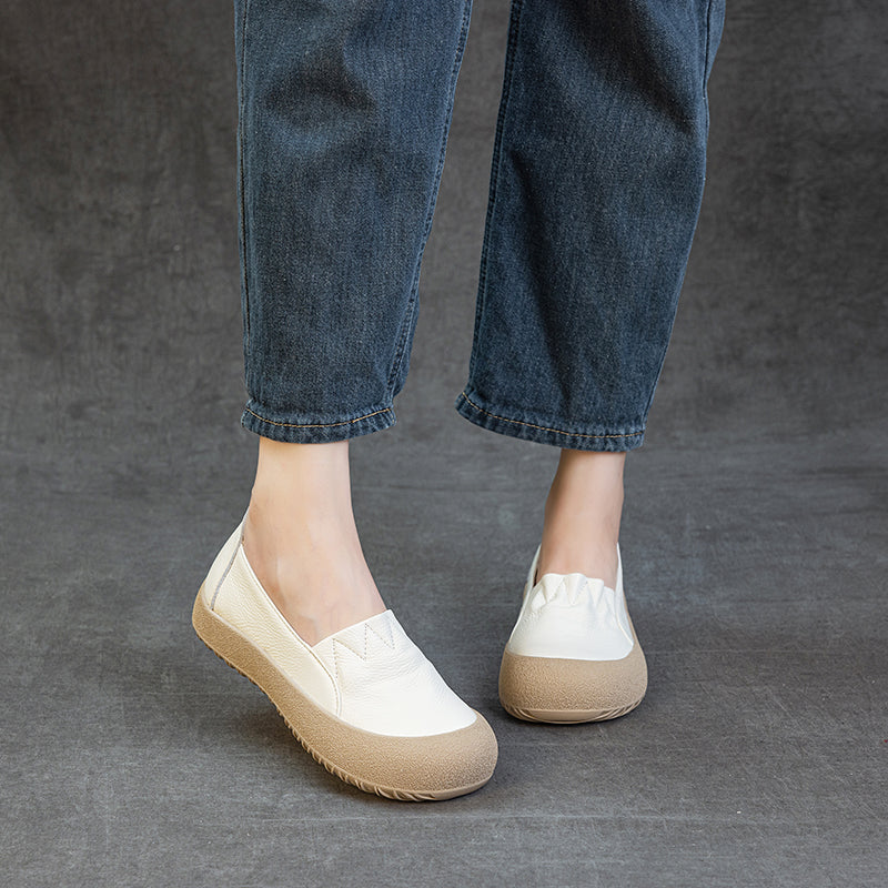 Womens Casual Leather Slip-on Loafers Closed Toe Platform Walking Shoes Anti-Collision