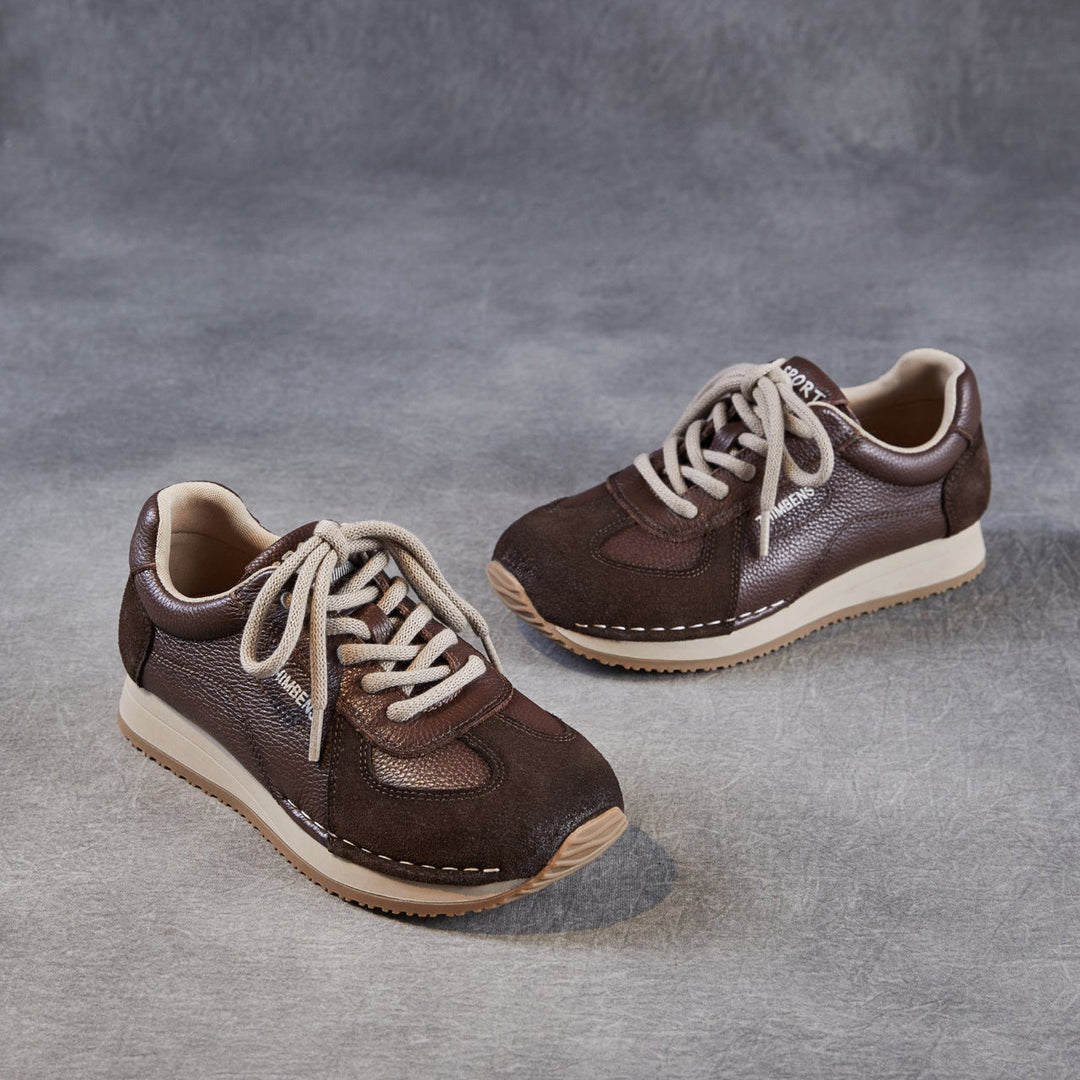 Womens Retro Leather Running Sneakers Vintage Lace-up Low Top Casual Trainers
