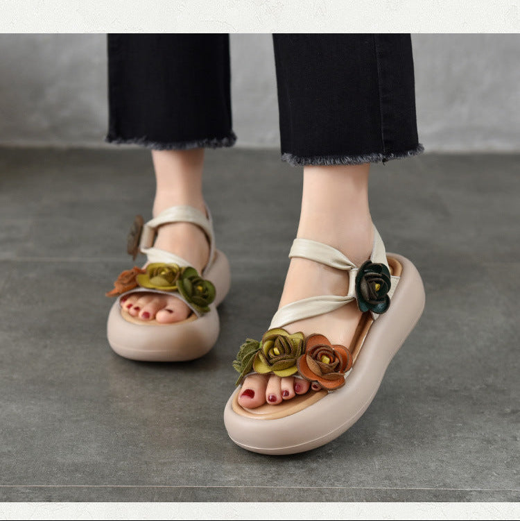 Women’s Floral Leather Summer Sandals – Lightweight Boho Style Platform Shoes