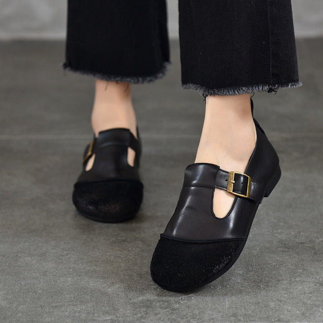 Vintage Literary Handmade Leather Round Toe T Buckle Mary Jane Women's Shoes