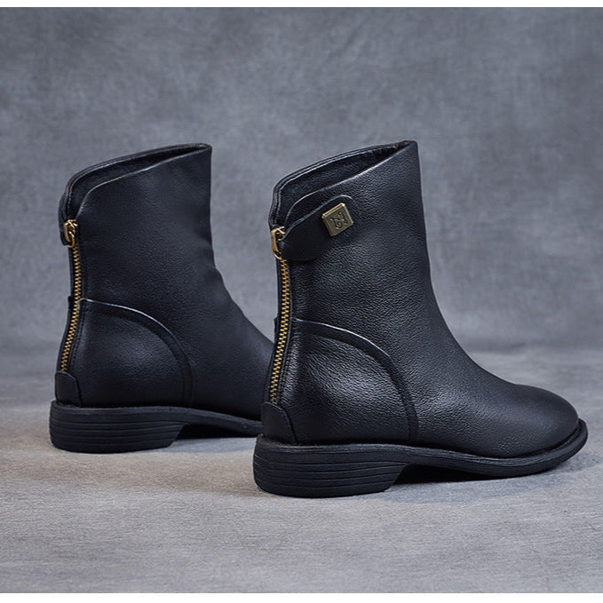 Women's Genuine Leather Short Boots – Minimalist Design with Zipper Closure