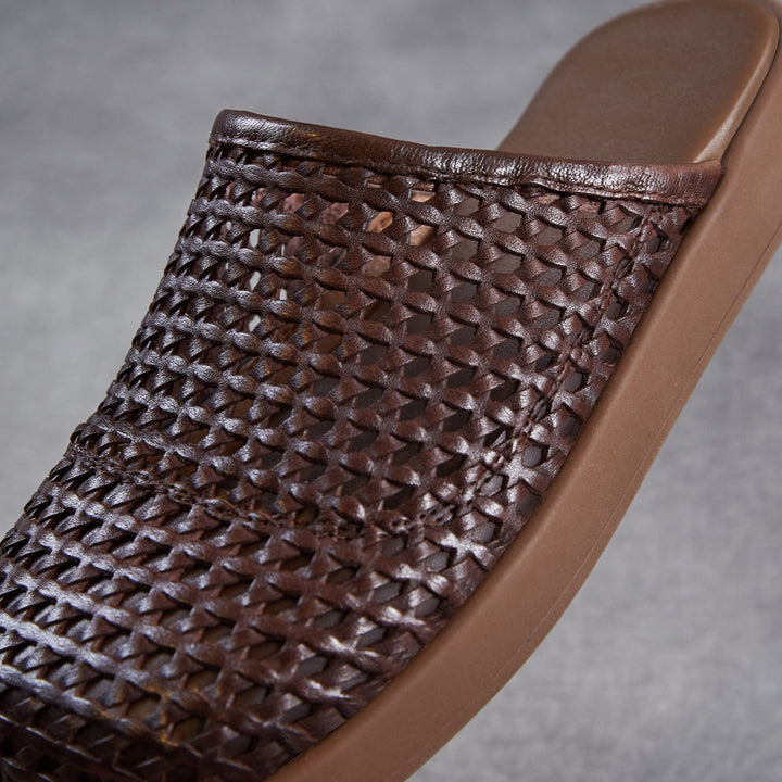 Women's Square Toe Woven Mules Genuine Leather Platform Slippers Barefoot-Friendly
