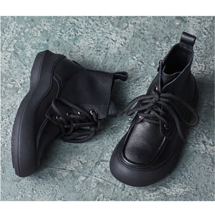 Women's Zip Lace-Up Leather Ankle Boots – Comfortable for Daily Wear