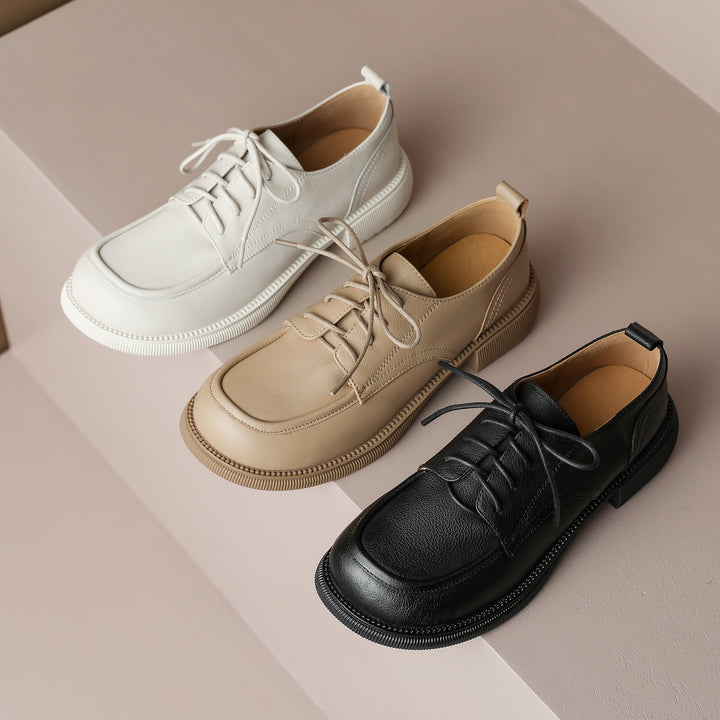 Handcrafted Women's Square-Toe Leather Lace-Up Low Heel – Casual Style