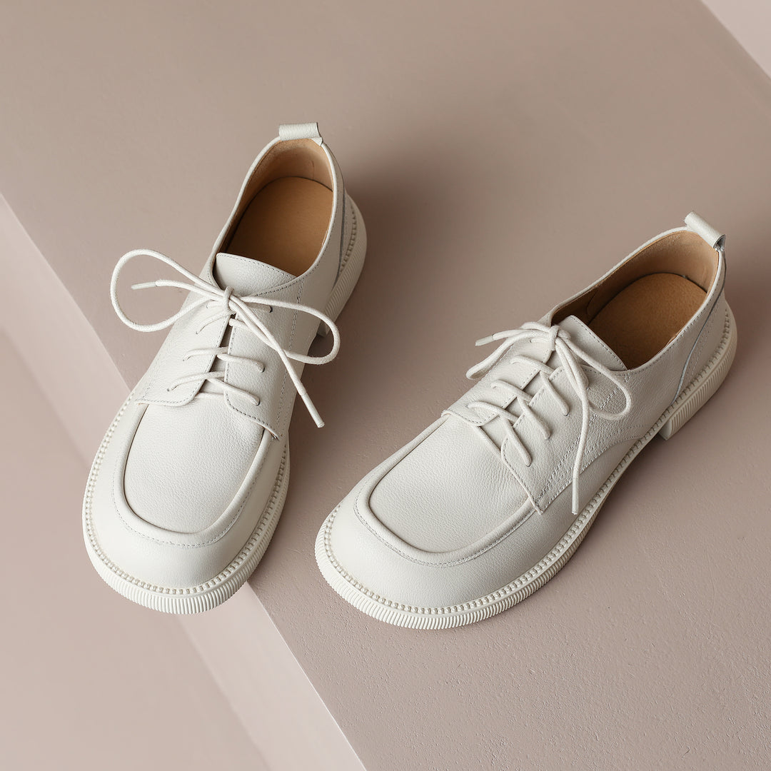 Handcrafted Women's Square-Toe Leather Lace-Up Low Heel – Casual Style