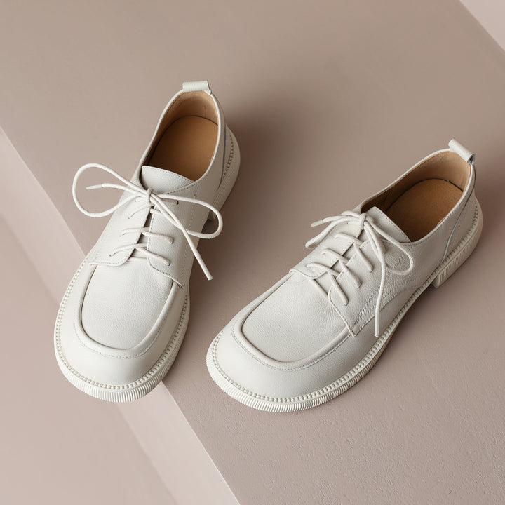 Handcrafted Women's Square-Toe Leather Lace-Up Low Heel – Casual Style