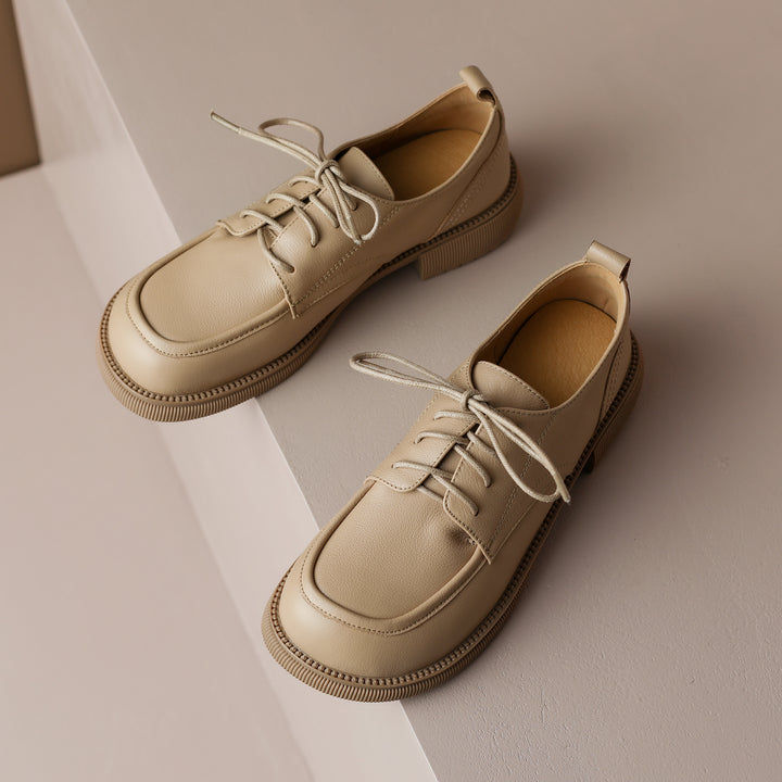 Handcrafted Women's Square-Toe Leather Lace-Up Low Heel – Casual Style