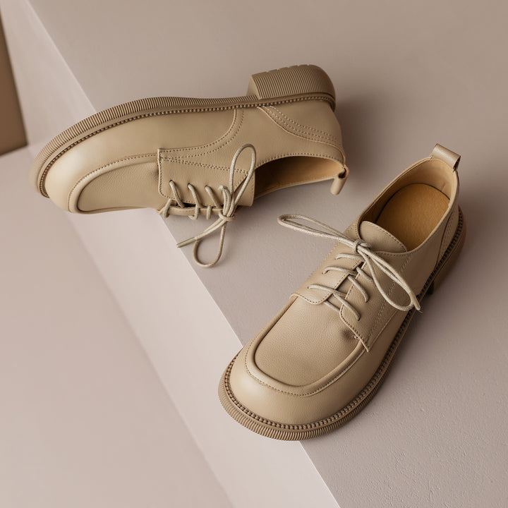 Handcrafted Women's Square-Toe Leather Lace-Up Low Heel – Casual Style