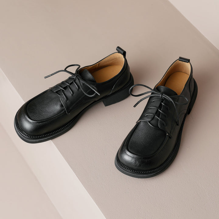 Handcrafted Women's Square-Toe Leather Lace-Up Low Heel – Casual Style