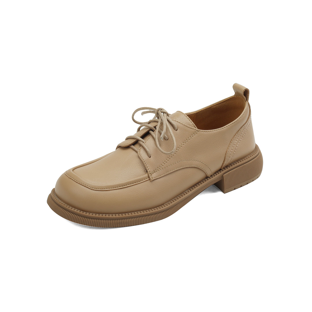 Handcrafted Women's Square-Toe Leather Lace-Up Low Heel – Casual Style
