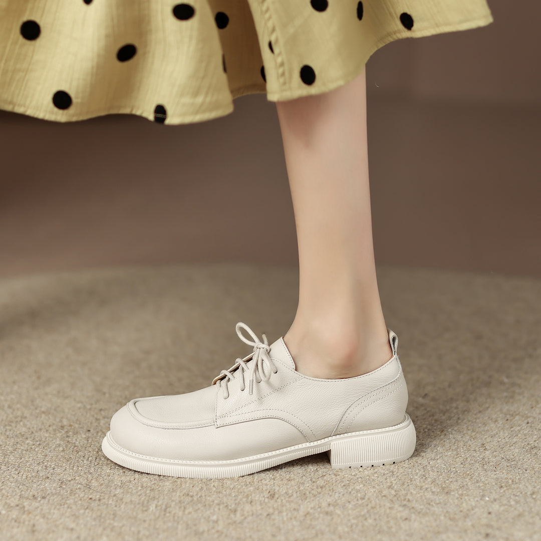 Handcrafted Women's Square-Toe Leather Lace-Up Low Heel – Casual Style