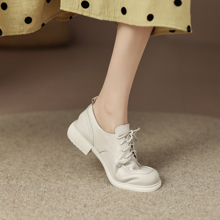 Handcrafted Women's Square-Toe Leather Lace-Up Low Heel – Casual Style