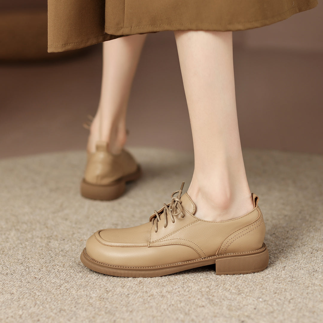 Handcrafted Women's Square-Toe Leather Lace-Up Low Heel – Casual Style