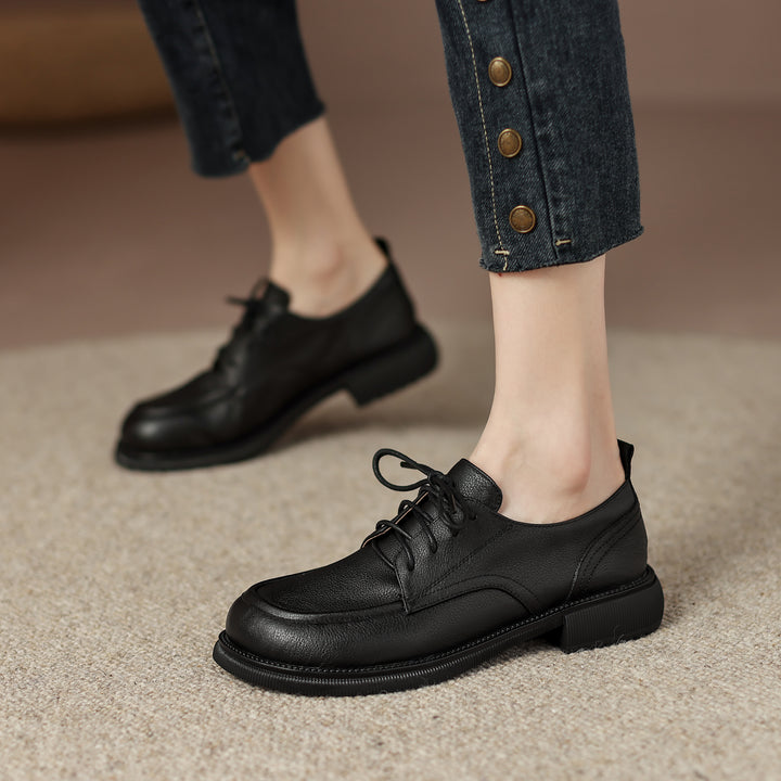 Handcrafted Women's Square-Toe Leather Lace-Up Low Heel – Casual Style