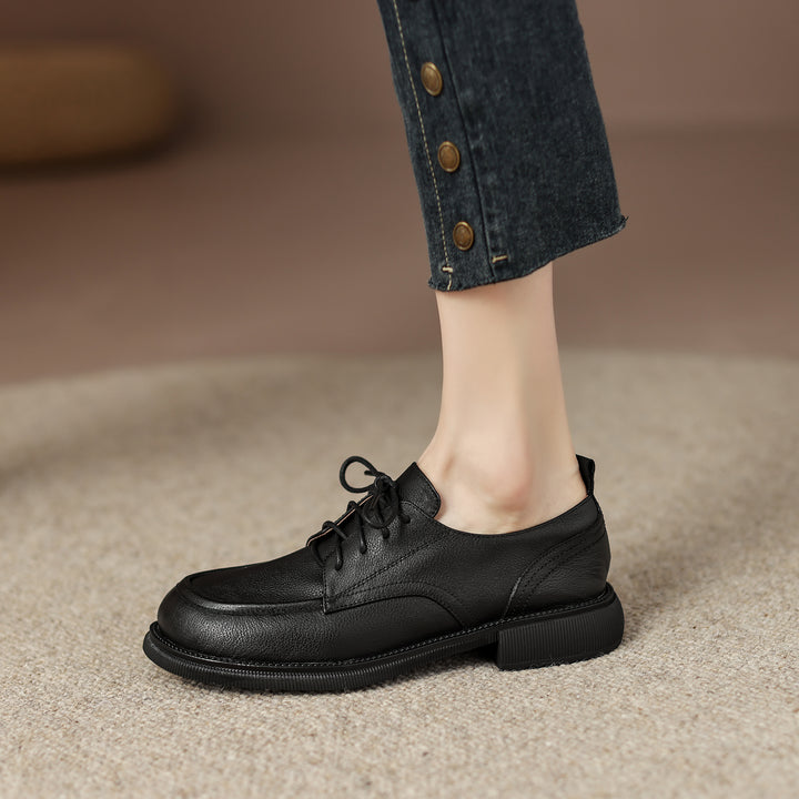 Handcrafted Women's Square-Toe Leather Lace-Up Low Heel – Casual Style