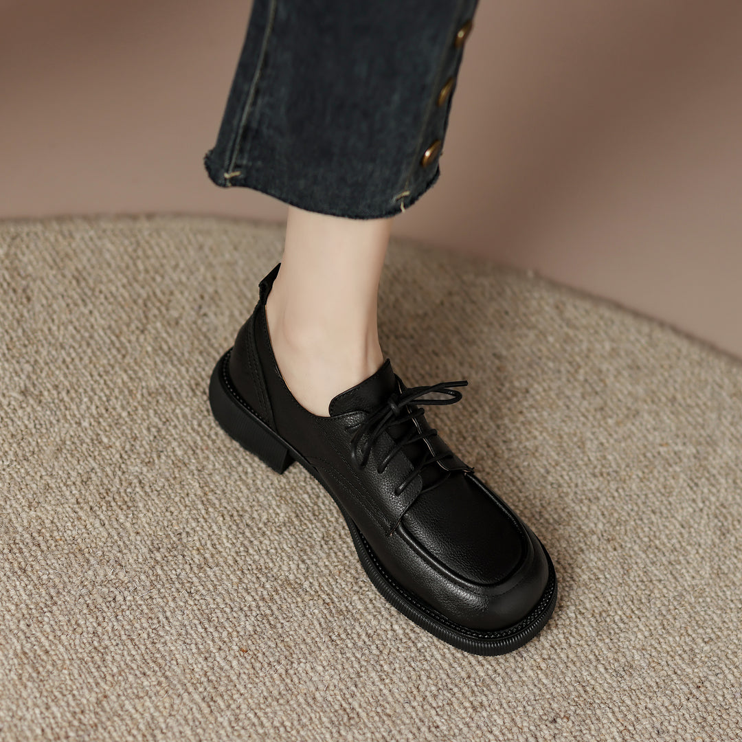 Handcrafted Women's Square-Toe Leather Lace-Up Low Heel – Casual Style