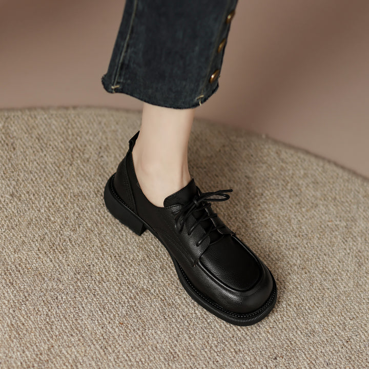 Handcrafted Women's Square-Toe Leather Lace-Up Low Heel – Casual Style