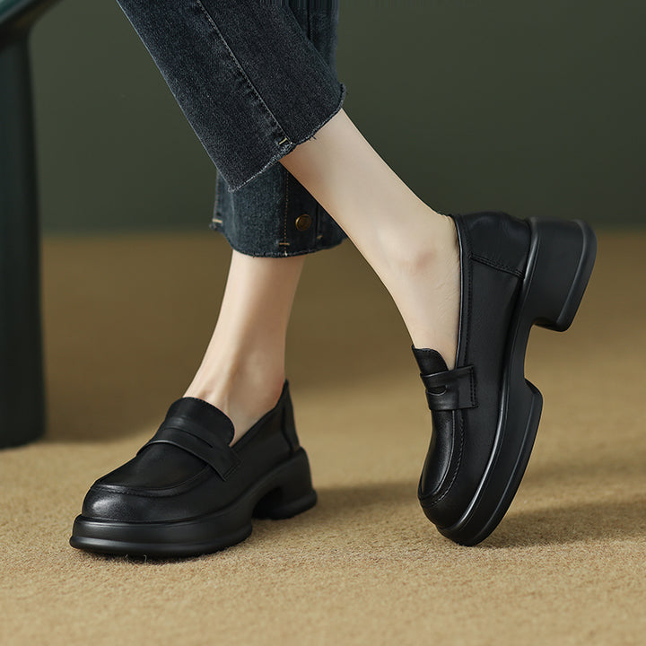 Womens Platform Leather Round Toe Block Heels Loafers Shoes
